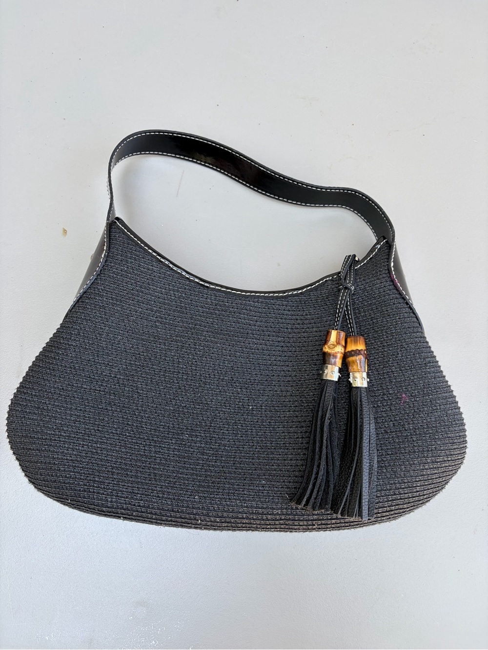 Talbots Black Straw-Style Shoulder Hobo with Tassel Accent